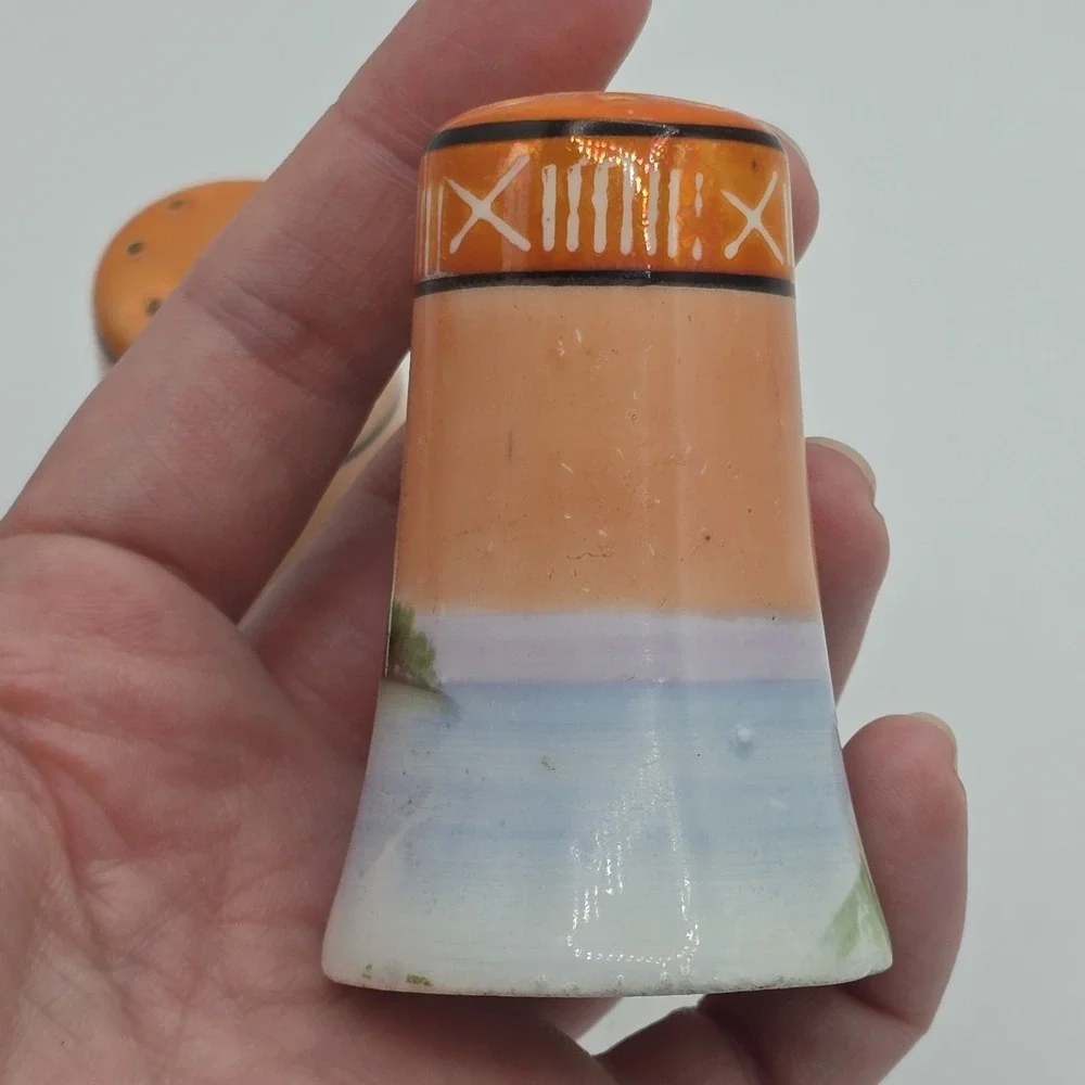 Vintage Noritake Handpainted Salt Pepper Shaker Japan Lusterware Tree Lake Scene